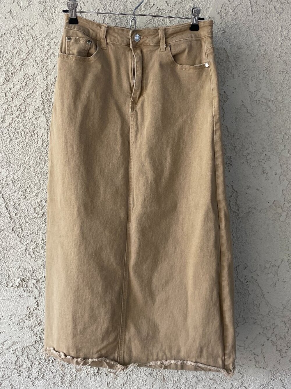 Tan Denim Maxi Skirt Raw Hem Khaki Jean Long Skirt 90s Minimalist Small